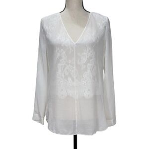 Robert Rodriguez 100% Silk Lace Detail Sheer Tunic Romantic Blouse White V-Neck